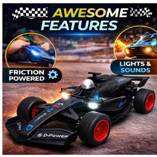 Image of PLUSPOINT Formula1 Friction Powered Race Car Toy for Kids, F1 Car with Light and Sound Push and Go F1 Racing Speed Vehicle for Toddlers, Kids,Boys & Girls