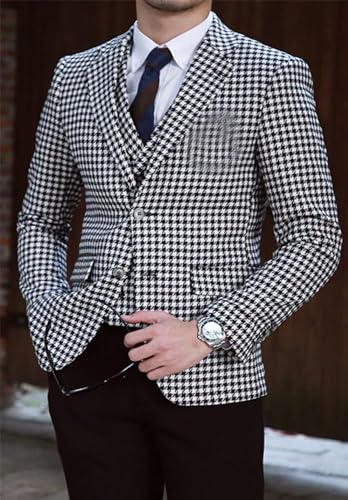 Men's Houndstooth Suit 3-Piece Slim Fit Two Button Wedding Outfit3