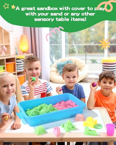 Image of Sensory Bin Sand Tray with Lid for Toddlers 2 Pcs 15in Portable Sandbox Toy Large Plastic Tray for Kids 3 4 5 6 Fill with Sand, Water, Beads, and More (2 Blue)