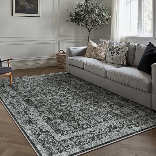 Dark Black Area Rug 4x6 Office Entryway Rug Machine Washable Kitchen Vintage Distressed Non Slip Carpet Indoor Retro Floral Accent Throw Door Mat for Bathroom Bedroom Dining Living Room