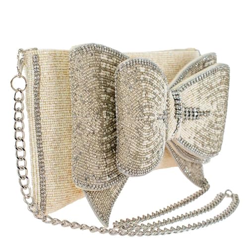 Mary Frances Fancy Bow Beaded Crossbody Handbag Clutch – Bridal Novelty Purse, Ivory4