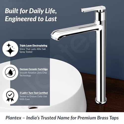 Image of Plantex Pure Brass High Neck Pillar Cocke for Basin with Teflon Tape /Tap for Wash Basin with 7 Year Warranty - (3521, Chrome)