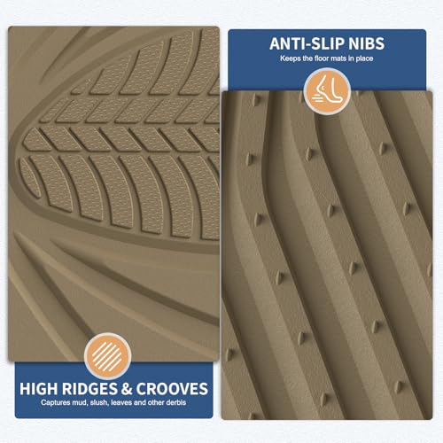 Image of FLORICH Car Floor Mats, Waterproof Universal Heavy-Duty 4 Pieces Rubber Floor Mats for Cars, Full Set Car Mats with Anti-Slip Backing Fit for Most SUV, Vans,Trucks, Sedan(Beige)