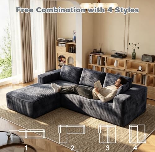 Image of 93 inch L-Shaped Modular Sectional Sofa with Chaise, Boneless Corduroy Cloud Couch with Deep Seat and Oversized Comfort, Flexible Module Combination for Living Room, No Assembly Required