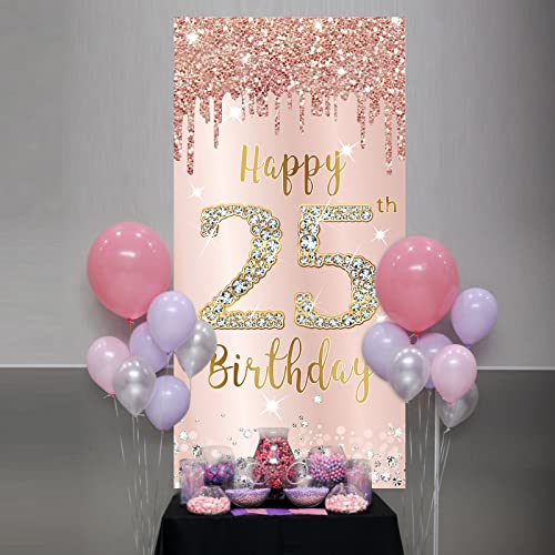 Image of 25th Birthday Door Banner Decorations for Women, Pink Rose Gold Happy 25 Birthday Backdrop Sign Party Supplies, Large 25 Year Old Birthday Poster Door Cover Decor