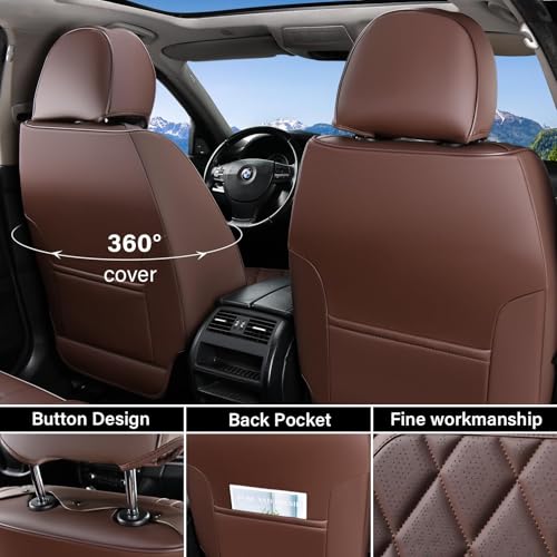 Image of Coverado Car Seat Covers Full Set, Luxury Faux Leather Waterproof Seat Cover, Front and Back Car Seat Protector, Universal 5 Seat Leather Seat Cushion, Carseat Cover Fit Most Cars, Coffee