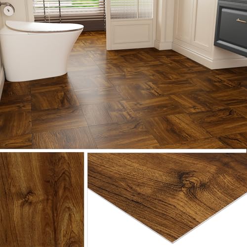 Livelynine 32-Sheets Vinyl Flooring Brown Wood Peel and Stick Floor Tile Waterproof Floor Tiles for Bathroom Attic Kitchen RV 12x12 Sticky Laminate Vinyl Sheet Flooring Renter Friendly Floor Stickers