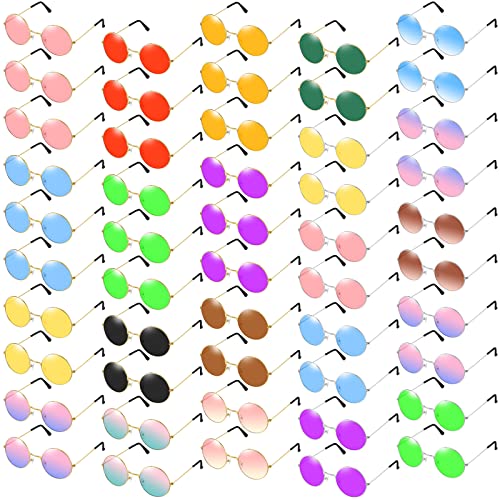 Image of Kanayu 50 Pairs Round Hippie Sunglasses Bulk Circle Colored Disco Glasses Groovy 70s Sunglasses for Party Women Men