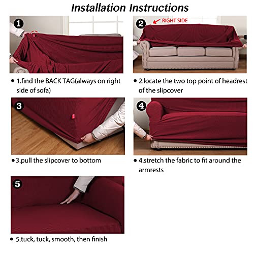 Turquoize Stretch Sofa Slipcover Loveseat Cover Couch Covers for 2 Cushion Couch 1 Piece Sofa Slipcover for Living Room with Jacquard Fabric and Elastic Bottom Furniture Protector(Loveseat, Burgundy)