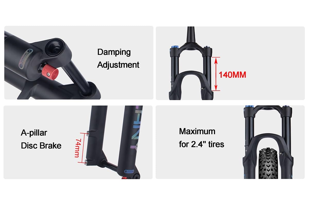 Horquilla Delantera para Bicicleta de montaña de 27,5/29 Pulgadas con Amortiguador de Aire, Horquilla de suspensión de 1-1/8" cónica, Recorrido de 140 mm, Eje de 140 mm, Ajuste de