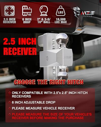 Image of MZS Adjustable Trailer Hitch - Fits 2.5 Inch Receiver Hitch - 6-Inch Adjustable Drop Hitch - Heavy Duty Aluminum Tow Hitch for Truck(18,500 LBS GTW) Chrome