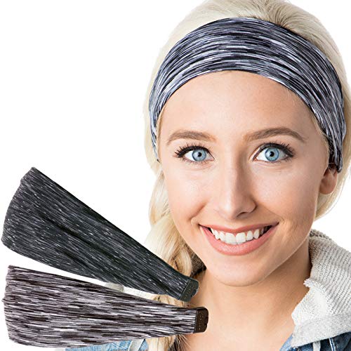 Hipsy Adjustable & Stretchy Space Dye Xflex Wide Headbands for Women Girls & Teens (Black & Grey Space Dye 2pk)