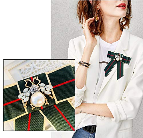 Vpang Crystal Bee Bow Brooch Pre-Tied Neck Tie Brooch Pin Striped Bow Tie For Women Wedding Party Bow Tie (Green) #TOP1