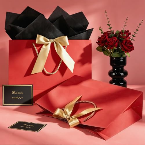 Image of JMANNI Gift Bags with Handles, 14.6 inch Large Gift Bags with Tissue Paper | 2 Pcs Red Bags, 4 Tissue Paper and 2 Cards, for Baby Shower, Wedding Bridal Shower, Birthday Party