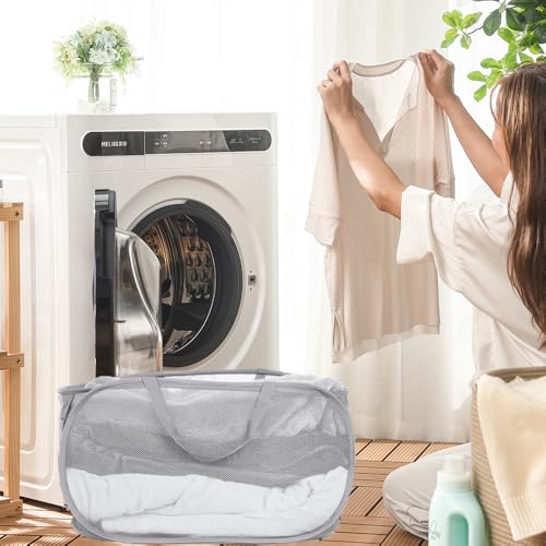Pop Up Wäschekorb, Wäschekorb Faltbar aus Netzmaterial, Faltbare Wäschekörbe mit Henkel, Mesh Aufbewahrungskorb, Aufbewahrungskorb, Laundry Bag für Badezimmer Camping Und Reisen