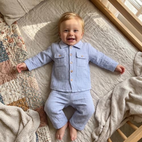 Image of VISGOGO Toddler Boy Linen Outfit Baby Boy Fall Winter Clothes Set Button-Down Shirt Tops Cotton Linen Pants 2PCS
