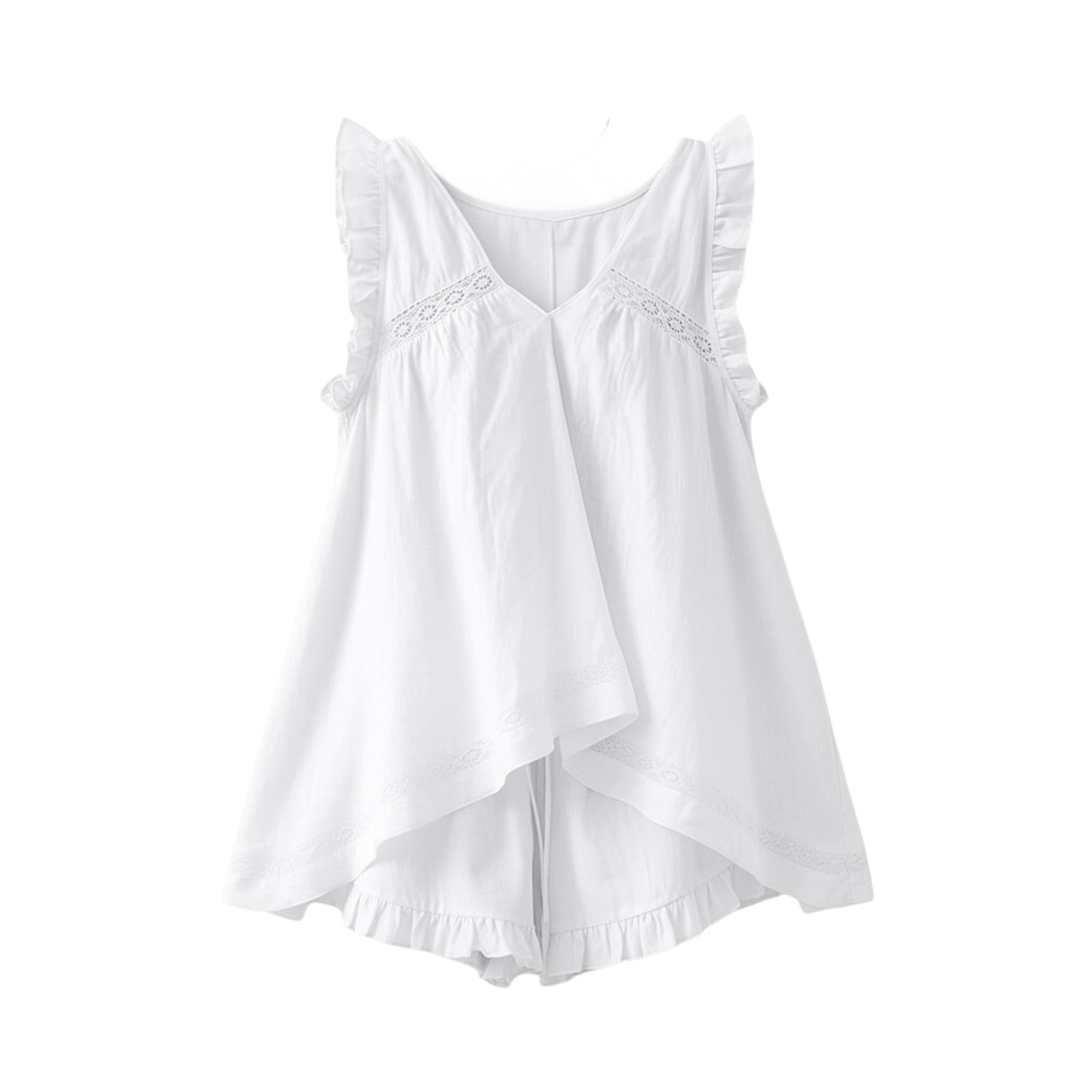 Damen ärmelloser Schlafanzug mit Cut-Outs und Spitzenbesatz, rückenfreies Design für heiße Nächte, atmungsaktives Material, Kurze Shorts, verfügbar in Mehreren Farben