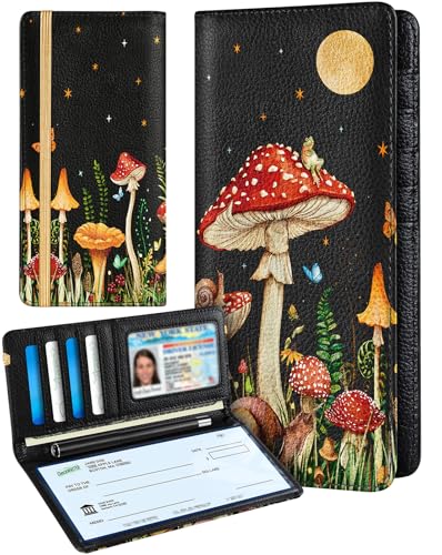 Image of Slohif Checkbook Cover for Personal Duplicate Checks - Leather Check Book Wallet Holder for Women Mushroom Print Top Stub