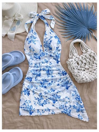 Image of BEAUDRM Women's Summer Mini Dress Halter Backless Vacation Beach Sundresses | Boho Dress, Floral Dress for Women, Vacation Beach Outfits, Going Out Dress, Brunch Outfits