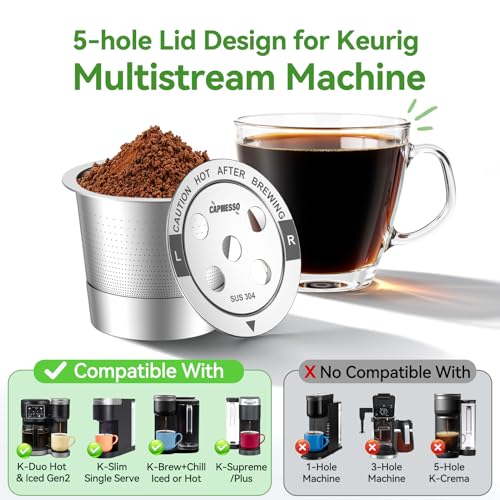 Image of CAPMESSO Reusable K Cups for Keurig: 2026 Updated All Stainless Steel Coffee Pods with 5 Holes for Keurig K Supreme, K Slim, K Duo Gen 2 Multistream Coffee Maker with Scoop, Zero Plastic (4 Pack)