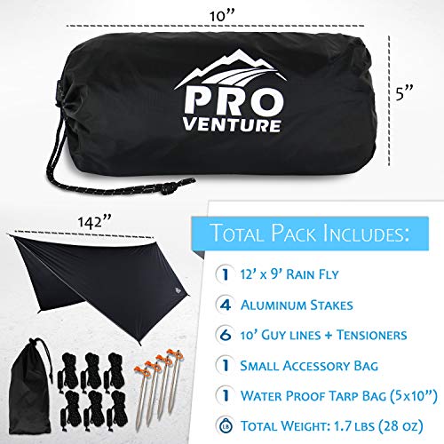 Pro Venture Waterproof Hammock Rain Fly [12Ft X 9Ft] - Portable Large Camping Tarp - Premium Lightweight Ripstop Nylon Cover - Fast Set Up + Accessories - A Camping Gear Essential! 12X9 Ft Hex Shape #TOP1
