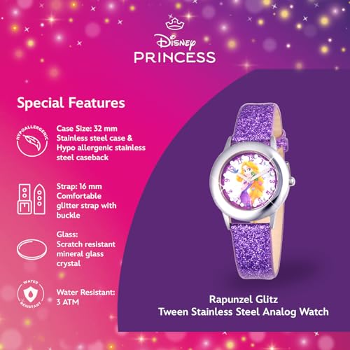 Disney Kids' W000409 Tween Rapunzel Stainless Steel and Purple Glitter Strap Watch4