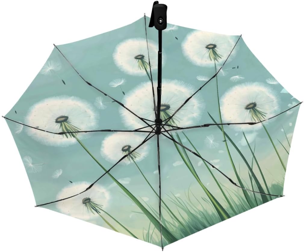 Oil Painting Dandelion Folding Umbrella Windproof Compact Lightweight Travel Umbrella with 8 Reinforced Ribs, Portable UV Sun & Rain Protection for Men & Women