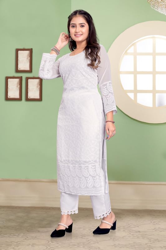 Image of IMPEX Hand Embroidered Chikankari Georgette Kurta for Women