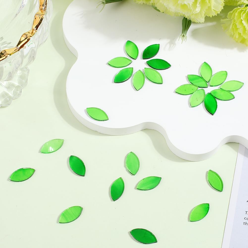 1 Box 360Pcs Green Mosaic Glass Pieces Craft Glass Mosaic Tiles 8 x 15mm Transparency Stained Leaf Flower Petal Tile Cabochons for Handmade Arts Crafts Home Garden Project DIY Decoration