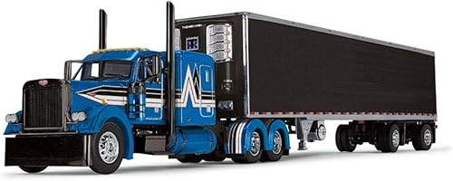 DCP by First Gear Peterbilt 379 azulnegro con cama superior plana de 63 pulgadas y remolque utilitario de 53 pies con frigorífico