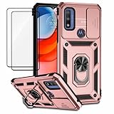 Capa para Motorola Moto G Play (2023) Capinha | incluindo 2 pedaços de película protetora de filme temperado, com janela deslizante de proteção para câmera e suporte para celular - Rosa