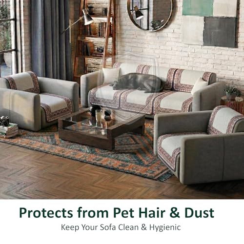 Image of Kuber Industries 5 Seater Sofa Cover | Slipcover for Living Room | Thick & Cozy | Non-Slip Comfort Sofa Cover Set | Paradise Diamond 1372 - Cream & Purple