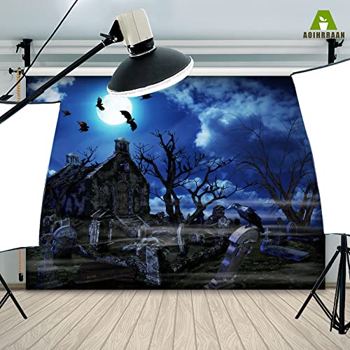 Aoihrraan 2,7x1,8m Halloween Graveyard Backdrop Tombstone Full Moon Bats Midnight Gloomy Cemetery Photography Background Horrible Theme Party Decor Supplies Kids Adults Portrait Photo Studio Props - Image 4