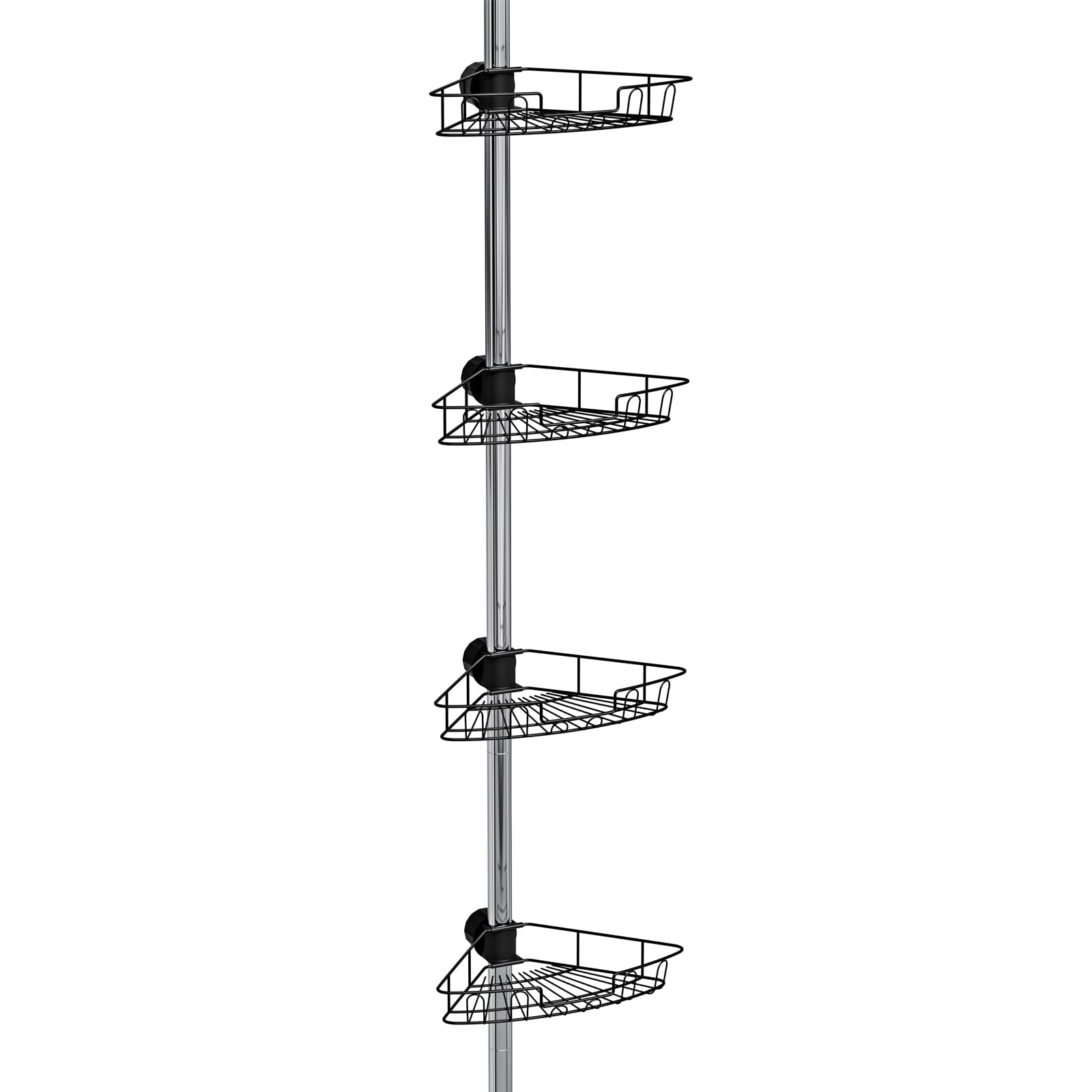Teleskopowy regał prysznicowy bez wiercenia, stal nierdzewna, z 4 koszami prysznicowymi, regulowana wysokość 75-300 cm, do łazienki i kuchni, 75-300 cm-4 warstwy (srebrny + czarny)