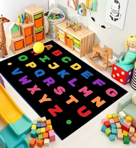 OPAMAN Black Classroom Rug Elementary 8x12 Carpet Large Alphabet Rugs Class