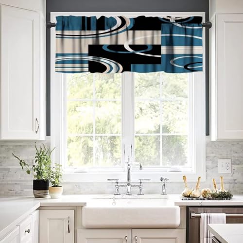 Image of Black Blue Geometric Window Valance Curtain, Mordern Turquoise Abstract Stripe Retro Circle Swirls Window Treatment Valances for Home Kitchen Cafe Decor 54'x18', 1 Panel