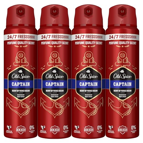 Old Spice Captain Desodorante Corporal En Spray Para Hombre, 48 Horas Fresco, 0% Sales De Aluminio, 4x150 ml