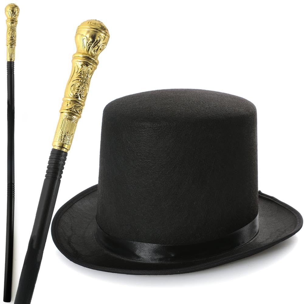 Adults Black Top Hat and Gold Cane Set – Fancy Dress Accessories for Halloween, Gothic, Victorian, Ringmaster or 1920s Themed Costumes