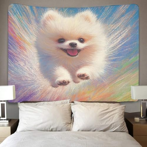 kaiyun Weißer Zwergspitz Tapisserie-Wandbehang, Springender Welpe Wandteppich Für Schlafzimmerdekoration,Geburtstagsfeier Oder Gartenkulisse 150cmx200cm