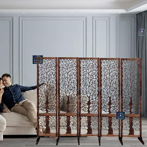 Image of Wooden Room Partition /Screen /Room Divider /Room Separator Traditional Handicrafts 6Ft (Dark Brown) (Tree 5 Panel with Stands)