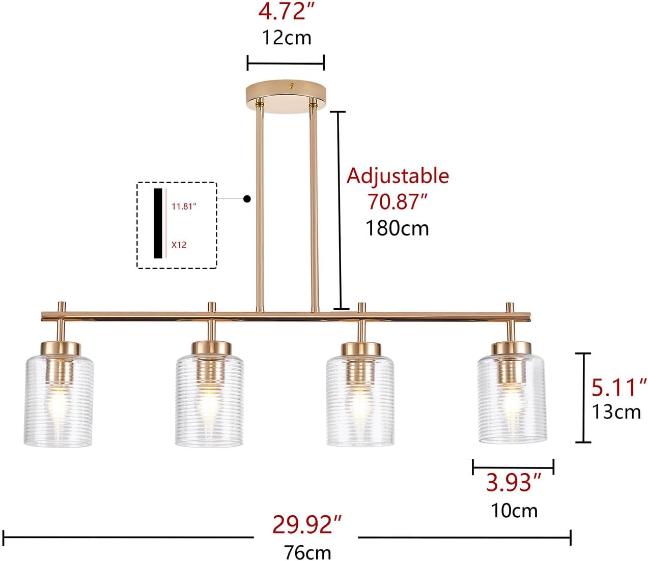 4-Light Kitchen Island Lighting, Modern 29.92. inch Gold Island Chandelier with Stripe Glass Shade, Industrial Linear Pendant Lighting Over Table, Pendant Light Fixture for Dining Room