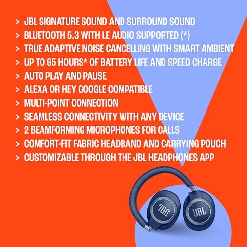 JBL Live 770NC - Wireless Over-Ear Headphones with True Adaptive Noise Cancelling with Smart Ambient, Up to 65 Hours of Battery Life, Comfort-fit Fabric Headband & Carrying Pouch (Blue) - 5
