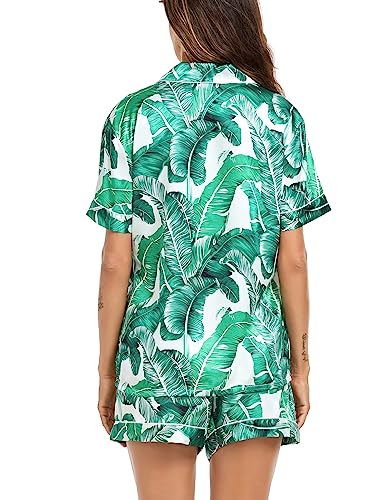 Image of SWOMOG Satin Matching Pajamas Sets Couple Silk Button Down Nightwear Women & Men Short Sleeve Sleepwear 2 Pieces Loungewear