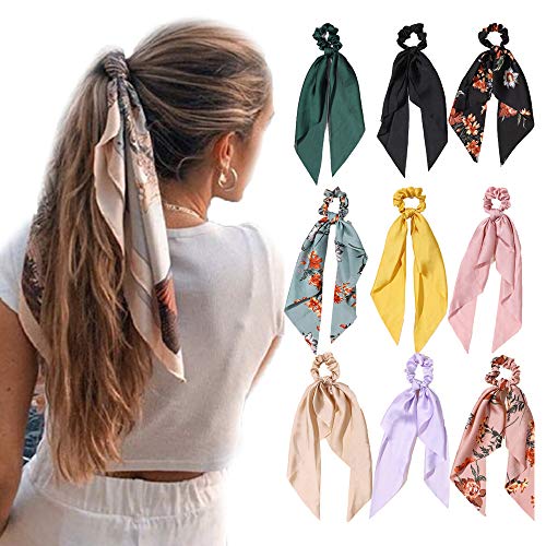 Wangcai Hair Scarf Hair Scrunchies Ponytail Holders Bohemian Floral Scrunchies 9Pcs Silk Hair Bands Elastic Hair Ties Ropes for Women