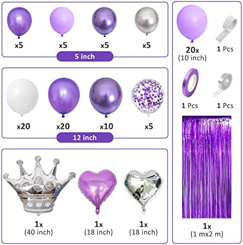 Purple Balloon Arch Kit Purple Confetti Latex Balloons with Crown Heart Foil Balloons, Fringe Curtain Metallic Purple Balloons for Girl Women Party Decoration Supplies