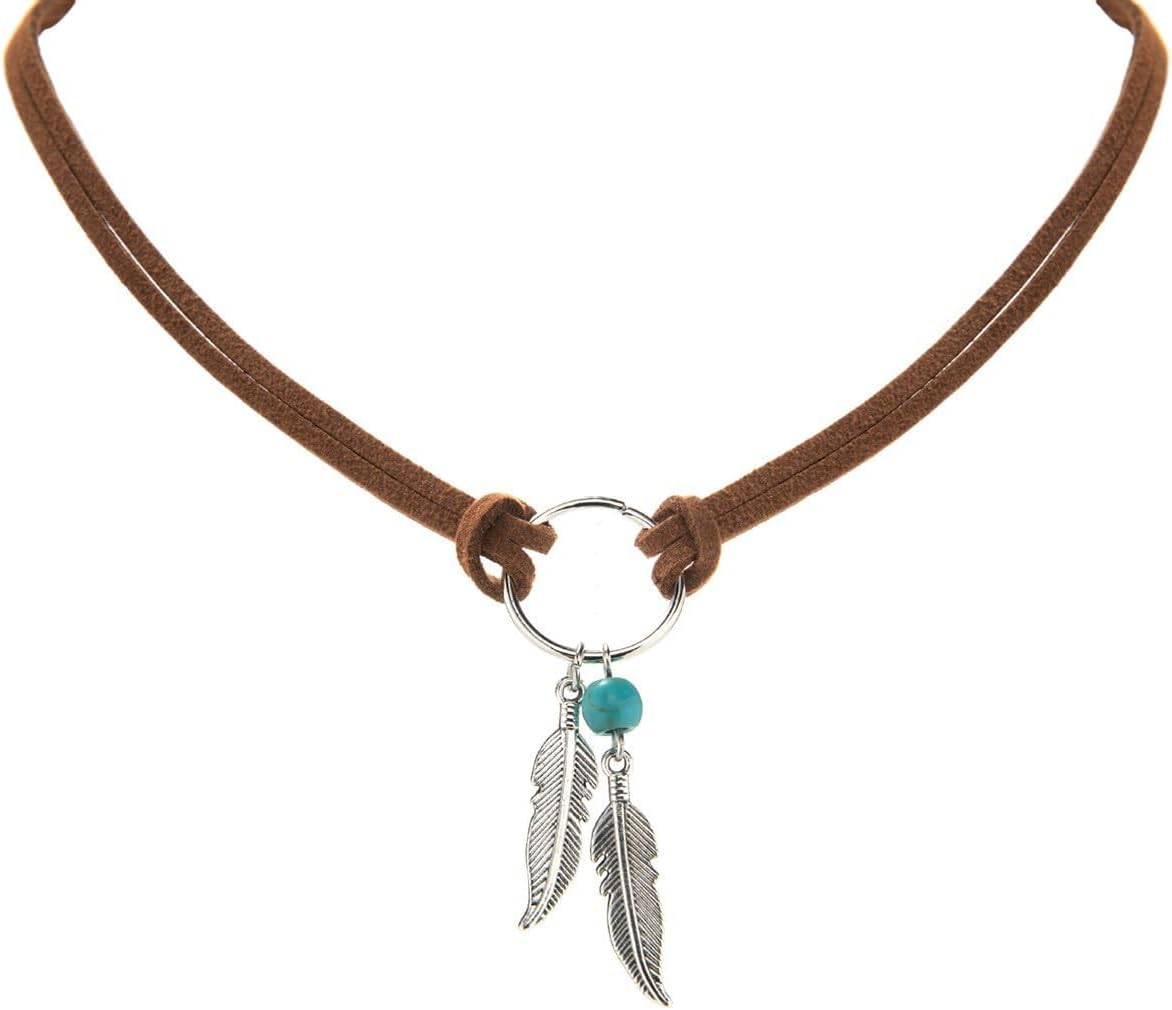 Bohemian Turquoise Leather Choker Necklace for Women Vintage Handmade Feather Layered Black Brown Suede Western Cowlady Necklace Western Country Party Jewelry Gifts