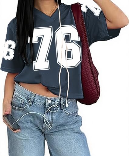 Jersey Shirts for Women Mesh Crop Sports Tshirts V-Neck Short Sleeve T-Shirt Number Casual Streetwear Tops