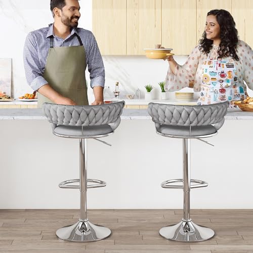 Image of Lamerge Velvet Bar Stools Set of 2,Swivel Bar Chairs Counter Adjustable Height Barstools with Back & Footrest,Upholstered Kitchen Island Chairs for Pub(2PCS Grey)