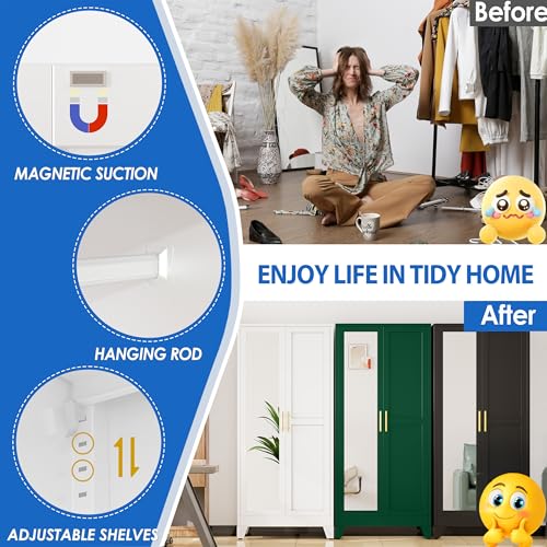 Image of GAIOUS Metal Wardrobe Cabinet with Mirror and Hanging Rod, 71 inch White