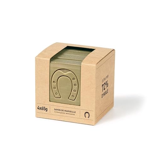 Fer à Cheval Pure Olive Savon De Marseille - Barra de jabón en rodajas, barra de jabón de aceite de oliva francés, 4 x 65 g2.29 oz